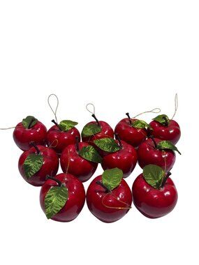 12 Artificial Red Apple Hanging Ornaments Decorative Mini Fruit With Green Leaf